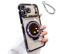 Genérico Sparkling Diamond Women's Phone Case with Mirror and Stand,Sparkling Rhinestone Phones Case for iPhone 11/12/13/14/15/16/17 Series,Folding Magnetic Kickstand Diamond Cases