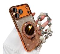 Genérico Sparkling Diamond Women's Phone Case with Mirror & Stand for iPhone 12/13/14/15/16/17 Pro MAX, 17air, Bling Rhinestone Luxury Case with Pearl Lanyard for Women (15,Orange)