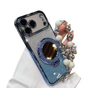 Genérico Sparkling Diamond Women's Phone Case with Mirror & Stand for iPhone 12/13/14/15/16/17 Pro MAX, 17air, Bling Rhinestone Luxury Case with Pearl Lanyard for Women (13 Pro MAX,Blue)