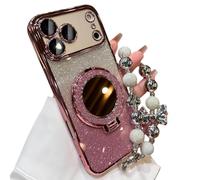 Genérico Sparkling Diamond Women's Phone Case with Mirror & Stand for iPhone 12/13/14/15/16/17 Pro MAX, 17air, Bling Rhinestone Luxury Case with Pearl Lanyard for Women (14 Pro,Pink)