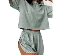 Genérico Split Short Pajama Set,Womens Striped Sleepwear Set,Two Piece Set Crew Neck Short Sleeve tee and Side Split Shorts