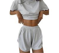 Genérico Split Short Pajama Set,Womens Striped Sleepwear Set,Two Piece Set Crew Neck Short Sleeve tee and Side Split Shorts
