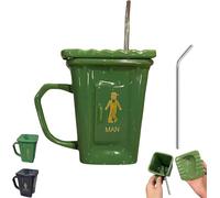 Genérico Squatting Toilet Shape Ceramic Mug,14oz Funny Squat Toilet Mug with Lids,Novelty Toilets Mugs with a Detachable Stainless Steel Straw,Personalized Cup for Men Women (Green)