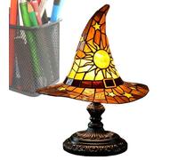 Genérico Stained Glass Witch Hat Table Lamp - Resin 18x13x30cm 7.09x5.12x11.81in 460g USB Powered - Sun And Star Pattern Gothic Decor - Bedroom Bookshelf Halloween Accent Lighting