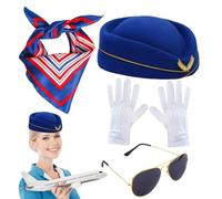 Genérico Stewardess-Kostümzubehör-Set für Damen - Kostüm mit Flugbegleitermütze - 4-teiliges Kostümzubehör für Damen und Mädchen