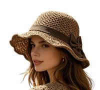 Genérico Straw Hats For Women - UV Protection Wide Brim Foldable Crochet Sun Hat with Vintage Hand Woven Design and Elegant Ruffled Bow, Lightweight Summer Beach Hat