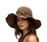 Genérico Straw Hats For Women - UV Protection Wide Brim Foldable Crochet Sun Hat with Vintage Hand Woven Design and Elegant Ruffled Bow, Lightweight Summer Beach Hat
