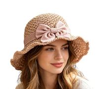 Genérico Straw Hats For Women - UV Protection Wide Brim Foldable Crochet Sun Hat with Vintage Hand Woven Design and Elegant Ruffled Bow, Lightweight Summer Beach Hat