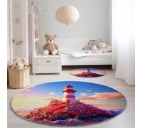 Genérico Suaves Alfombra Redonda Estampado Rosa Azul - Fantasía Isla Faro patrón Duradera Antideslizante Lavable Alfombras, 160 x 160 cm Pelo Corto Alfombra Redonda para Dormitorio Sala de Estar