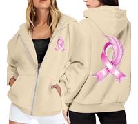 Genérico Sudadera Cinta Rosa Sudaderas Mujers con Capucha Sudaderas Mujers Cremallera Bolsillos Mangas largas Mes de la Prevención y Control del Cáncer de Mama Casual al Aire Libre