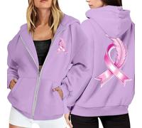 Genérico Sudadera Cinta Rosa Sudaderas Mujers con Capucha Sudaderas Mujers Cremallera Bolsillos Mangas largas Mes de la Prevención y Control del Cáncer de Mama Casual al Aire Libre