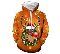 Genérico Sudadera De Hombre - Sudaderas con Capucha Sudadera con Capucha y Estampado de Ciervos suéter Festivo Sudadera Polar cálida Top Informal y Acogedor de Invierno (Orange L)