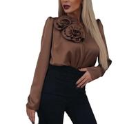Genérico Sudadera Gris con Cremallera Women's Satin Blouse Flower V Neck Long Sleeve Silk Shirt Elegant Work Top Camisola nta (Brown, L)