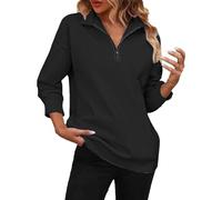 Generico Sudadera mujer sin capucha y media cremallera chaqueta lisa Baggy para mujer otoño invierno manga larga casual algodón cómodo Hoodie Sweatshirt clásico oversize jersey deportivo, Negro , L