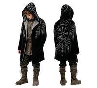 Generico Sudadera negra de vikingo para niños, abrigo medieval unisex de algodón con impresión 3D, capa con capucha, ideal para fiestas medievales, cosplay y fiestas temáticas