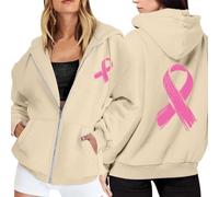 Genérico Sudaderas Mujers Cremallera Chaqueta Sudadera Casual Sudadera Deportiva con Capucha de Felpa Mes de la Prevención Control del Cáncer de Mama Casual al Aire Libre Cinta Rosa