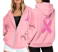 Genérico Sudaderas Mujers Cremallera Chaqueta Sudadera Casual Sudadera Deportiva con Capucha de Felpa Mes de la Prevención Control del Cáncer de Mama Casual al Aire Libre Cinta Rosa