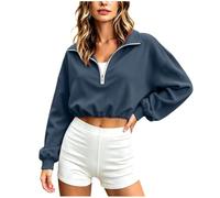Genérico Sudaderas sin Capucha para Mujers Sudadera Corta con Media Cremallera Manga Larga Cuello Holgada con Cordón Capucha y Bolsillos Chaqueta Deportivo para Otoño Invierno2026 (A-Navy, XXL)