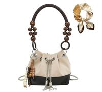 Genérico Suede Beaded Drawstring Bucket Bag, Charm Retro Shoulder Bag with Chain for Women, Trendy Versatile Lightweight Handbag
