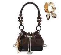 Genérico Suede Beaded Drawstring Bucket Bag, Charm Retro Shoulder Bag with Chain for Women, Trendy Versatile Lightweight Handbag