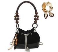 Genérico Suede Beaded Drawstring Bucket Bag, Charm Retro Shoulder Bag with Chain for Women, Trendy Versatile Lightweight Handbag