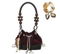 Genérico Suede Beaded Drawstring Bucket Bag, Charm Retro Shoulder Bag with Chain for Women, Trendy Versatile Lightweight Handbag