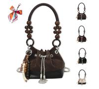 Genérico Suede Beaded Drawstring Vintage Bucket Bag, Suede Beaded Drawstring Bucket Bag, Purse Vintage, Trendy Versatile (Coffee)