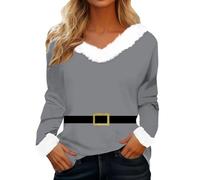 Genérico Suéter Navideño para Mujer con Escote en V Parches Camiseta de Manga Larga Ajuste Regular Suéter Navideño de Manga Larga Parte Superior Navideña Sudadera FEA