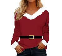 Genérico Suéter Navideño para Mujer con Escote en V Parches Camiseta de Manga Larga Ajuste Regular Suéter Navideño de Manga Larga Parte Superior Navideña Sudadera FEA