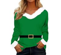 Genérico Suéter Navideño para Mujer con Escote en V Parches Camiseta de Manga Larga Ajuste Regular Suéter Navideño de Manga Larga Parte Superior Navideña Sudadera FEA