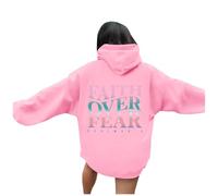 Genérico Suéteres Chalecos y Sudaderas Mujer Sudadera con Capucha Divertida Impreso Faith Over Fear Manga Larga Casual Suelto Fit Cómodo Cuello Redondo Invierno Polar Chaqueta Caliente Mujer, rosa, XL