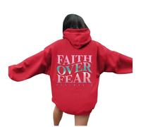 Genérico Suéteres Chalecos y Sudaderas Mujer Sudadera con Capucha Divertida Impreso Faith Over Fear Manga Larga Casual Suelto Fit Cómodo Cuello Redondo Invierno Polar Chaqueta Caliente Mujer, rojo, XL