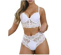 Genérico Sujetador con Y Relleno Tanga Ropa Interior Encaje Inalámbrico Bowknot Lencería Sujetador Pijamas Mujeres Sexy M-3XL Conjunto Íntimos Pezoneras Silicona Reutilizables (White, XL)