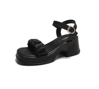 Genérico Summer 2025 Small Thick-Soled One-Word Buckle Pleated Beach Shoes Female Womens Heels Platform Knotted Strap Wear-resistant and lightweight Sandals (Black, 35)