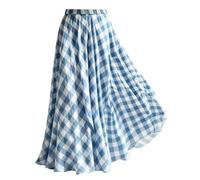 Genérico Summer Casual Women Boho Plaid Midi Skirt Elastic High Waist A-Line Loose Fit Gingham a Line Flowy Long Skirt (Blue,S)
