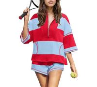 Genérico Summer Striped Outfits Matching Lounge Top And Shorts Set With Pockets, Two Piece Casual Workout Sets for Women (Red blue,XXL)