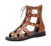 Genérico Tacones Mujer Sandalias de mujer con tiras y tachuelas, elegantes sandalias planas con tiras caladas y caña alta, cómodas casuales para usar al ire libre. Zapato (Brown, 38)
