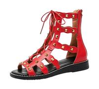 Genérico Tacones Mujer Sandalias de mujer con tiras y tachuelas, elegantes sandalias planas con tiras caladas y caña alta, cómodas casuales para usar al ire libre. Zapato (Red, 41)