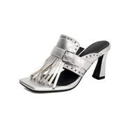 Genérico Tacones Mule De Borlas De Cuero PU Metálico para Mujer | Mules de Tacón Alto, Flecos, Punta Cuadrada Abierta, Hebilla Ajustable, Fiesta, Graduación, Verano, Elegancia