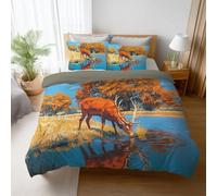 Genérico Tacto Suave Diseño Azul Naranja Pintura al Óleo Parure de Lit Natural Paisaje Cervatillo Fácil de Mantener Microfibra para Niños y Adultos Duvet Cover 135 x 200 cm