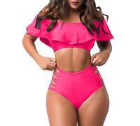Genérico Tankini Mujer Bañadores Reductores Bikini Bandeau Las Mujeres Traje de Swimmon Se Rompieron del Hombro Sexy Sólido Color Sólido de Swimswear Beachwear Bañador Negro Mujer (Hot Pink,L)