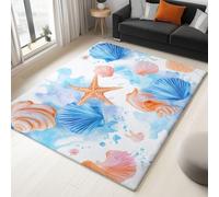 Genérico Tappeto da soggiorno lavabile 120 x 170 cm Oceano Costa E Conchiglie Ad Acquerello a Pelo Corto Bianco morbido e antiscivolo Tappeto per Camera da letto Sala da pranzo cucina ufficio