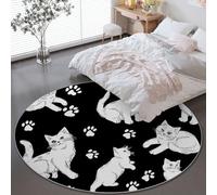 Genérico Tappeto Rotondo lavabile Negro - Minimalista Gato Huellas De Patas Resistente interni Tappeti per Bambini Cameretta balcone Sala da pranzo terrazza, 150 x 150 cm Antiscivolo Tappetino