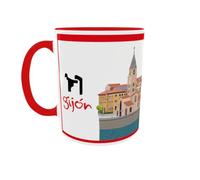 Genérico Taza Asturias - Gijón (San Lorenzo y Cimavilla) - Souvenir Asturias - Taza Bicolor Roja - Regalo Típico de Gijón - 330 ml