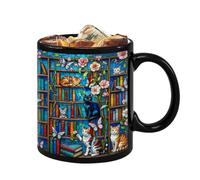 Genérico Taza De Café Con Estantería - Taza De Té De Cerámica Con Temática De Gato, Vajilla Colorida Con Diseño De Libro, Mango Artístico Impreso | Linda Tazaa De Escritorio, Uso De Leche De Café