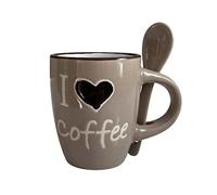 generico Taza de café de cerámica con cucharilla integrada, con texto "I Love Coffe", altura 6,5 cm, capacidad 65 ml (blanco_pardo)
