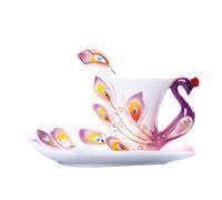 Genérico Taza De CeráMica Para Café Expreso Creativo 3D Hechos a mano de esmalte porcelana del pavo real taza Café con plato y cuchara cerámica Presente té agua regalo(175ml,Violet)