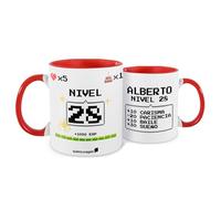 Genérico Taza Nivel Personalizado Gamer - Regalo Divertido de Cumpleaños - Con Nombre y Atributos RPG - Asa e Interior Rojos - 330ml