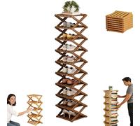 Genérico The 9-Tier No-Assembly Bamboo Rack, Vertical Shoe Organizer for Small Spaces, Foldable Space-Saving Organizer for Shoes, Books, Plants & Bathroom (Brown,10-Tier)