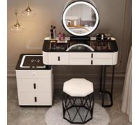 Genérico Tocador 3 en 1 con Espejo abatible y Taburete con Ruedas, Luces LED, Espejo de tocador Integrado con Luces y Juego de Escritorio para Maquillaje, tocador Redondo con 3 Luces de Colores, Tabu